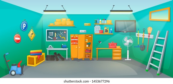 Garage interior room with tools furniture inventory equipment. Workplace on car repair with auto equipment, tires, jerrican, tools, boxes, wrenches, screwdrivers, joiner's machine, snowplow vector