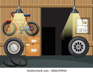 Garage interior with storage and equipments illustration