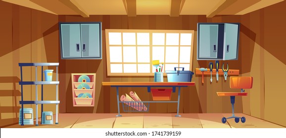 Garage Interior With Tools For Carpentry And Repair Works. Vector Cartoon Illustration Of Workshop Or Storeroom With Toolbox And Paint Brushes On Workbench, Screwdriver, Hammer And Plier On Wall Board