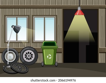 Garage interior with wheels and decorations illustration