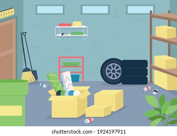 Garage junk flat color vector illustration. Spring cleaning and decluttering. Organize mess in home. Housekeeping work. Cluttered house 2D cartoon interior with furniture on background