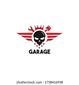 Garage logo with skull and wings design