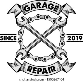 Garage LOGO template, Hand drawn Bike Chain & Wrench vintage illustration. Design element for garage, automotive, emblem, budge, sign etc..