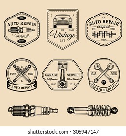 Garage logos set. Car repair emblems collection. Vector vintage hand sketched auto service signs for advertising posters, cards etc.