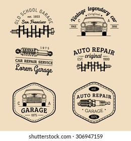 Garage logos set. Car repair emblems collection. Vector vintage hand sketched auto service signs for advertising posters, cards etc.