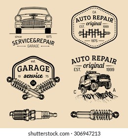 Garage logos set. Car repair emblems collection. Vector vintage hand sketched auto service signs for advertising posters, cards etc.