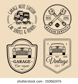 Garage logos set. Car repair emblems collection. Vector vintage hand sketched auto service signs. 