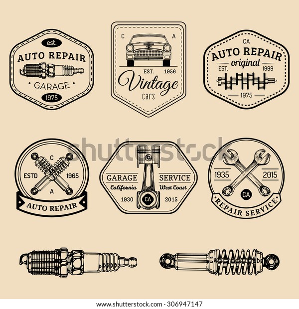 Garage logos set. Car repair emblems collection.\
Vector vintage hand sketched auto service signs for advertising\
posters, cards etc.
