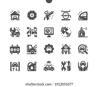 Garage. Machine diagnostics and car repair. Service station. Large garage with workspace and car components. Car wash. Vector Solid Icons. Simple Pictogram