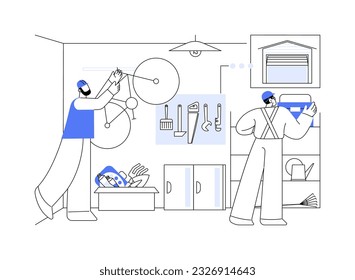 Garage maintenance abstract concept vector illustration. Contractors install storage racks, organization and cleaning in garage, overhead storage, property maintenance service abstract metaphor.