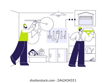 Garage maintenance abstract concept vector illustration. Contractors install storage racks, organization and cleaning in garage, overhead storage, property maintenance service abstract metaphor.