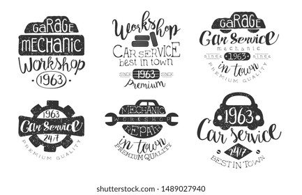 Garage Mechanic Workshop Premium Quality Retro Labels Set, Car Service Hand Drawn Badges Monochrome Vector Illustration