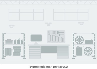 Garage monochrome interior. Room for car repair, tools and equipment. Vector illustration. 