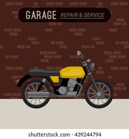 Garage with motorcycle in flat style. Classic retro bike.