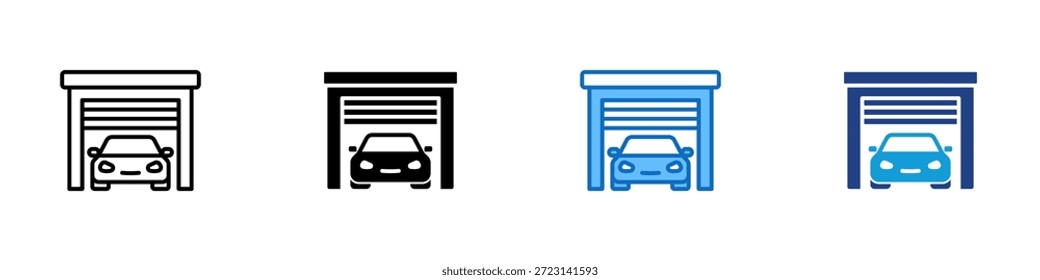 Garage Multiple Style Icon Design Vektor - Auto geparkt innerhalb einer Garage Struktur, die Lagerung, Parkplatz und Fahrzeugschutz darstellt