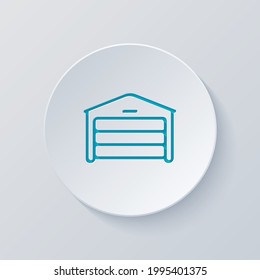Garage near home for own car, simple icon. Cut circle with gray and blue layers. Paper style