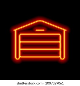 Garage near home for own car, simple icon. Orange neon style on black background. Light linear icon with editable stroke