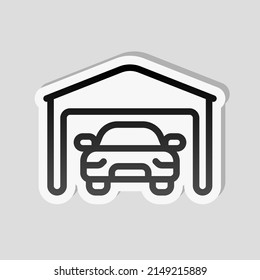 Garage Near Home For Own Car, Simple Icon. Linear Sticker, White Border And Simple Shadow On Gray Background