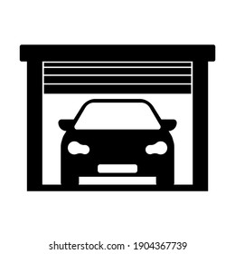 Garage open door and vehicle icon. Home parking black symbol. Vector illustration.