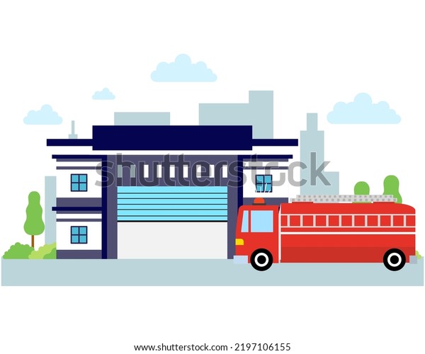Garage\
with opening door. Garage with automatic gates and fire truck. city\
skyline in background. fire emergency\
services.