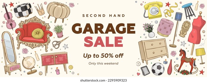 Garage promotional sale horizontal banner or flyer template with hand drawn vintage furniture and interior design elements. Garage sale concept vector illustration