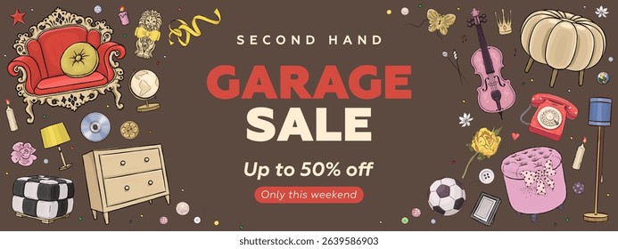 Garage promotional sale horizontal web banner, poster, flyer or billboard with hand drawn vintage furniture and interior design elements. Garage sale concept. Vector illustration in retro style