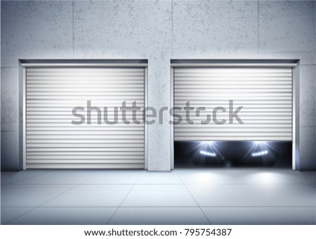 Garage realistic composition with opening door and car realistic vector illustration