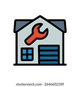 Garage repair building with tools. Icon Symbol Illustration