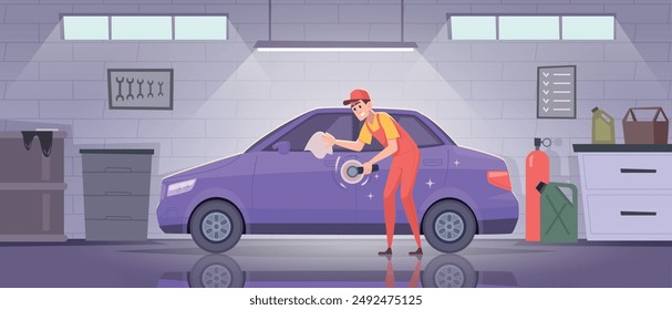 Garage. Repair car service with workers exact vector cartoon background