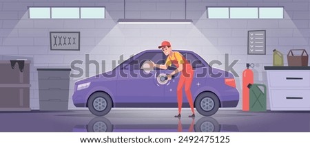 Garage. Repair car service with workers exact vector cartoon background