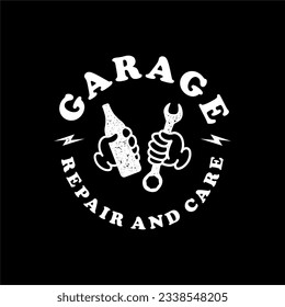 Garage repair and care with hand holding wrench and bottle logo design inspiration, Design element for logo, poster, card, banner, emblem, t shirt. Vector illustration