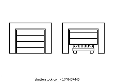 Garage Roller Shutters Icon. Front View. Black Contour Silhouette. Vector Flat Graphic Illustration. Isolated Object On A White Background. Isolate.