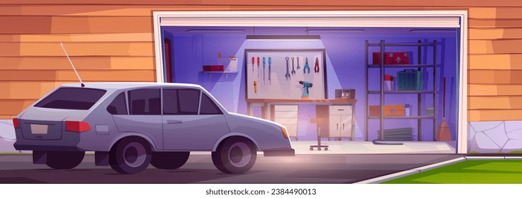 Garage room cartoon interior with tool storage. Workshop inside illustration with car parking on driveway near house building. Carpentry storeroom at home with table, inventory on rack concept.