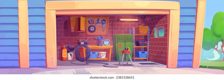 Garage room interior with furniture and instruments. Vector cartoon illustration of home workshop with repair equipment on wooden board, old tv and radio on desk, metal locker storage, green backyard