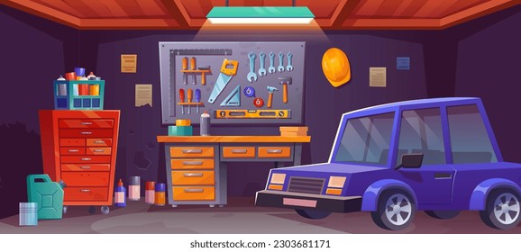 Garage room interior for tool storage in house. Cartoon home basement furniture illustration. Modern storeroom for repair car with mechanic equipment and board. Underground inventory office section