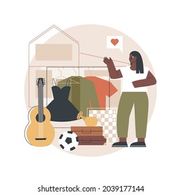 Garage sale abstract concept vector illustration. Flea market, second hand goods, garage selling day, vintage clothing give away, used inventory, yard pop up rummage sale abstract metaphor.