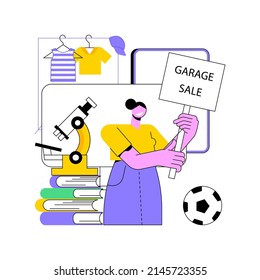 Garage sale abstract concept vector illustration. Flea market, second hand goods, garage selling day, vintage clothing give away, used inventory, yard pop up rummage sale abstract metaphor.