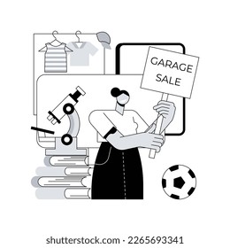 Garage sale abstract concept vector illustration. Flea market, second hand goods, garage selling day, vintage clothing give away, used inventory, yard pop up rummage sale abstract metaphor.