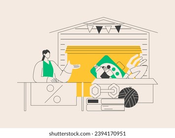 Garage sale abstract concept vector illustration. Flea market, second hand goods, garage selling day, vintage clothing give away, used inventory, yard pop up rummage sale abstract metaphor.