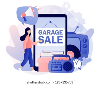 Garage sale - advertisement on smartphone screen. Flea market online. Yard sale. Tiny sellers and customers. Vintage goods or rag fair. Bazaar. Modern flat cartoon style. Vector illustration