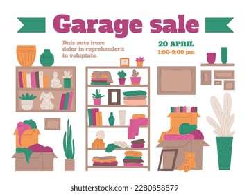 Banner publicitario de venta de garaje, ilustración plana vectorial sobre fondo blanco. Conceptos de tienda de segunda mano, mercadillo de pulgas y tienda de cosecha. Estantes con artículos usados - ropa, libros y decoración de casa.