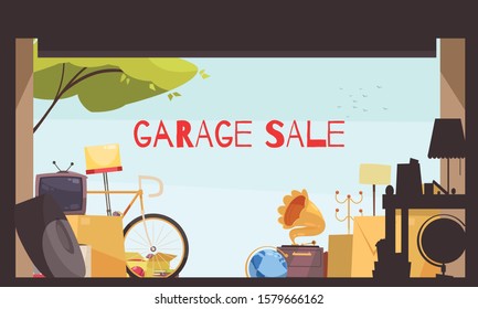 Garage Sale Background With Bicycle TV And Furniture Symbols Flat Vector Illustration