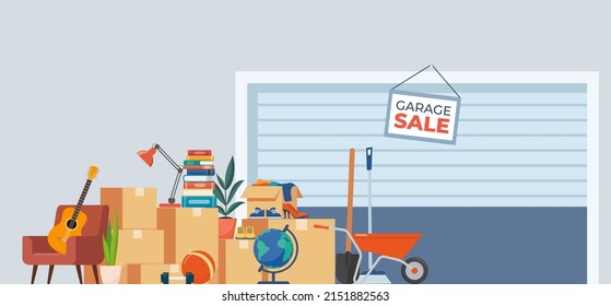 Garage sale background with furniture and accessory. House plants, guitar, books, clothes, chair and others. Flea market old stuff clutter. Vector illustration