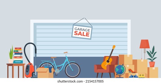 Garage sale background with furniture and accessory. House plants, guitar, books, clothes, chair and others. Flea market old stuff clutter. Vector illustration