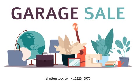 Garage sale banner with flat cartoon furniture objects arranged on the floor - house plants, guitar, books and others. Flea market old stuff clutter - isolated vector illustration