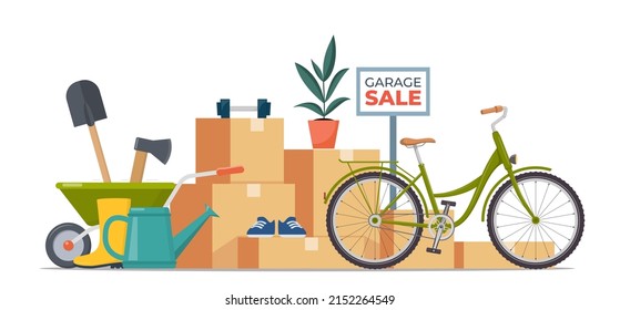 Garage sale banner with flat furniture objects arranged on the floor - house plants, guitar, books, clothes, chair and others. Flea market old stuff clutter. Vector illustration