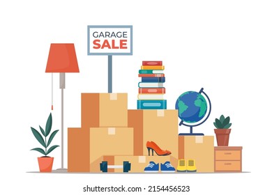 Garage sale banner with flat furniture objects arranged on the floor - house plants, guitar, books, clothes, chair and others. Flea market old stuff clutter. Vector illustration
