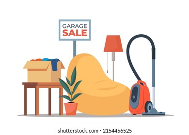 Garage sale banner with flat furniture objects arranged on the floor - house plants, guitar, books, clothes, chair and others. Flea market old stuff clutter. Vector illustration