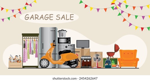 Garage sale banner or Yard sale or or flea market. Buying antiques, old things, furniture and books, Second Hand clothes, Antique accessory, sport items and assorted household, vector illustration.