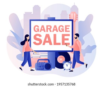 Garage sale - big advertisement banner. Flea market online. Yard sale. Tiny sellers and customers. Vintage goods or rag fair. Bazaar. Modern flat cartoon style. Vector illustration on white background